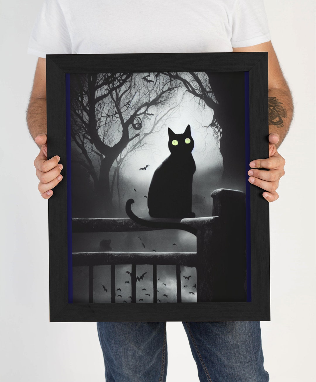 Halloween Spooky Art, Black Cat on the Fence , Halloween Digital Wall ...