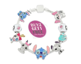 S925 Disney Stitch smalto perline braccialetto con ciondoli per ciondoli Bracciale Anime Lilo braccialetto per ciondoli Pandora Bracciale europeo con catena di serpenti