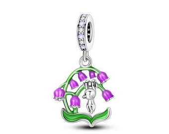 Elegant Charms for Bracelet, Purple Lily Of The Valley Cat Dangle Charm Fits for Pandora Bracelet, S925 Sterling silver charm gifts For her