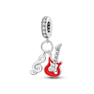 Ciondolo chitarra rossa, ciondoli per bracciale, chitarra con note Ciondolo pendente adatto per bracciale Pandora, regali di fascino in argento sterling S925 per lei
