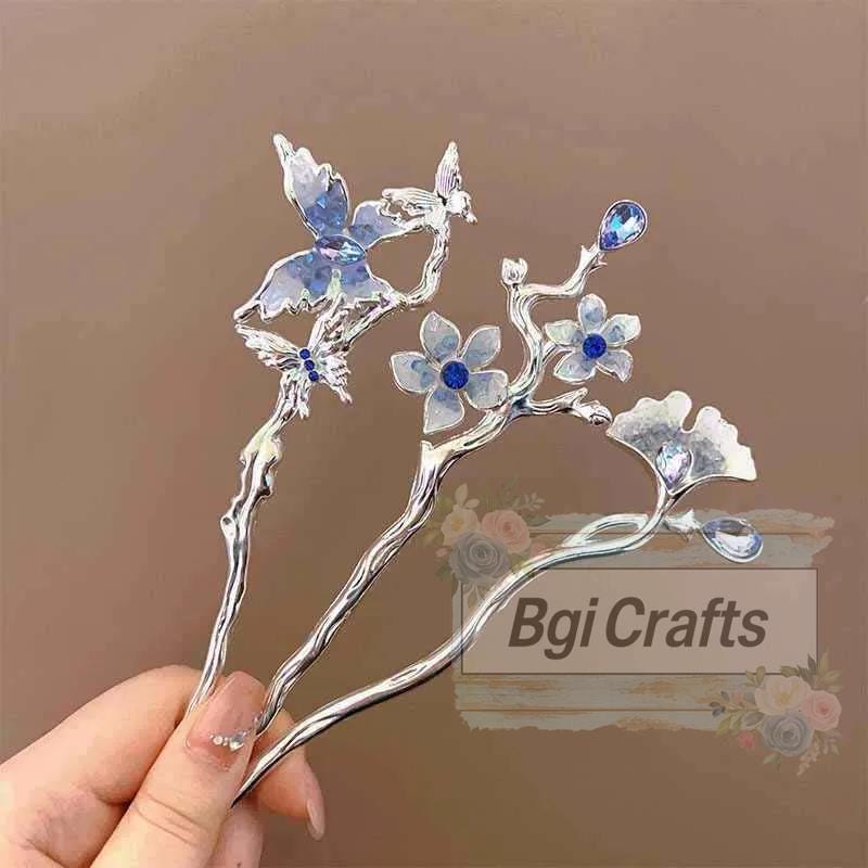 Elegant Tassel Hair Stick Hairpin Traditional Blue Crystal Butterfly feather Design Hairstyle Accessory Women Jewelry Hair needle Stick