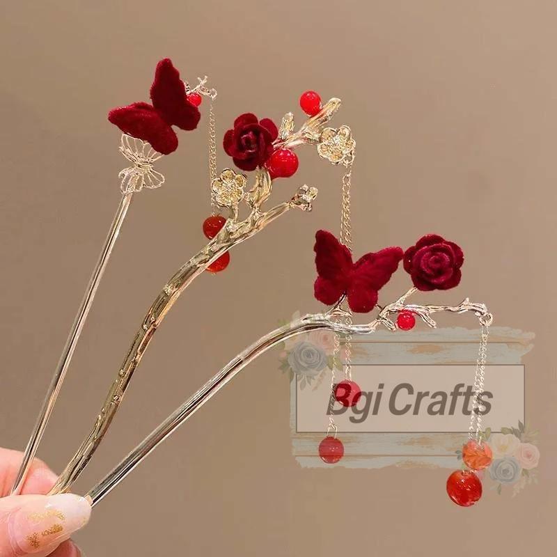 Elegant Chinese Tassel Hair Stick Hairpin Traditional Red Floral Design Hairstyle Accessory Women Jewelry Hair needle Stick