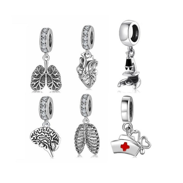 Breloques coeur cerveau pour bracelet pandora original, breloques infirmière poumons, breloques perles en argent sterling convient pour bracelet femmes bijoux cadeau d'amour