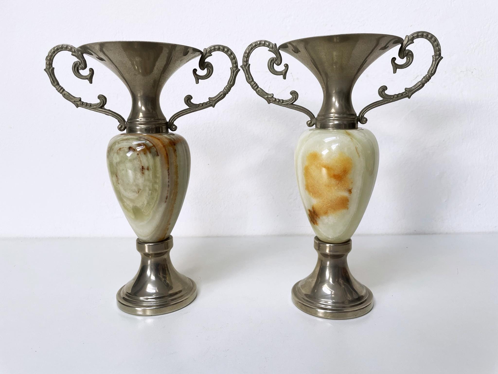 オニキス - 緑のパキスタン産オニキスを使用したヴィンテージ花瓶2個