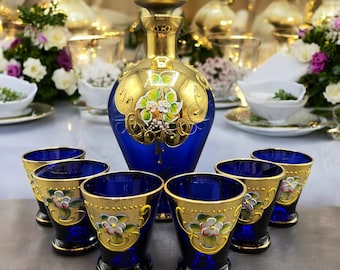 Antique Venetian Art Murano Italy Hand Painted Glass Decanter Set
