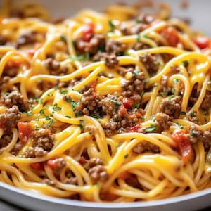 May include: Close-up of a bowl of spaghetti with a rich meat sauce, melted cheese, and chopped parsley. The pasta is golden yellow, and the meat sauce is a deep brown with visible tomato chunks. A hearty meal.