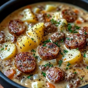 May include: A close-up shot of a hearty soup in a black bowl. The soup features sliced sausage, diced potatoes, ground meat, and vegetables in a creamy broth, garnished with fresh herbs and black pepper.