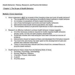 Peut inclure: Une page imprimée intitulée Health Behavior: Theory, Research, and Practice 6th Edition, Chapter 1: The Scope of Health Behavior. Elle contient trois questions à choix multiples avec des options de a à e, sur la théorie et la recherche.