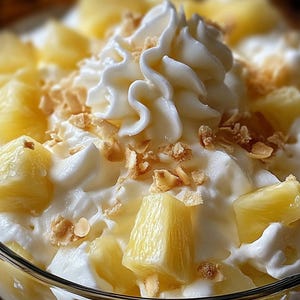 Peut inclure: Gros plan sur un dessert à la crème fouettée, des morceaux d'ananas et des biscuits graham écrasés.