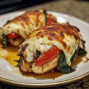 Puede incluir: Dos pechugas de pollo rellenas de espinacas, pimientos rojos y queso, horneadas y cubiertas con queso derretido.