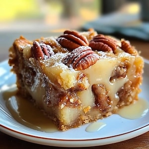 May include: A close-up of a pecan pie bar with a light brown crust, a creamy filling, and pecan pieces. The bar is topped with powdered sugar and a drizzle of caramel sauce.