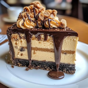 Puede incluir: Una porción de postre en capas sobre un plato blanco. El postre presenta una cobertura de ganache de chocolate negro con salsa de caramelo, glaseado de mantequilla de maní y crujiente de maní. La base es una corteza oscura y desmenuzable.