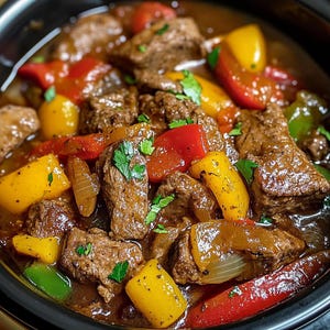 Peut inclure: Un gros plan sur une poêle remplie d'un ragoût de bœuf, de poivrons rouges et jaunes et d'oignons. Le ragoût mijote dans une sauce brune riche.