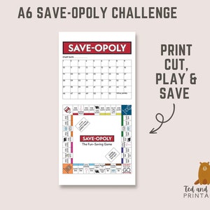 Puede incluir: Un juego de mesa Save-Opoly imprimible en formato A6 con un esquema de colores rojo, blanco y azul. El tablero de juego incluye un calendario para llevar un registro de los ahorros y un tablero de juego con espacios para que los jugadores aterricen. El juego está diseñado para ayudar a las personas a aprender sobre el ahorro de dinero.