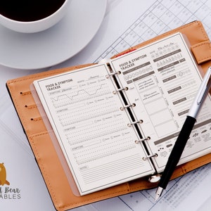 May include: A brown leather bound journal with a white page open to a food and symptom tracker. The tracker has sections for date, meal, time, symptoms, and notes. A silver pen is lying on top of the journal.