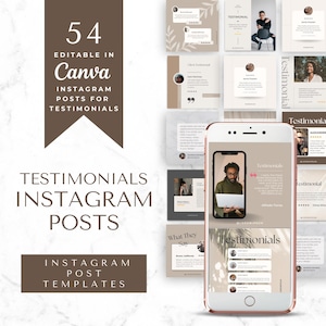 54 Testimonial Instagram Posts | Anpassbare Vorlagen für Business Wachstum & Social Proof | Neutrale Boho Leinwand Vorlagen