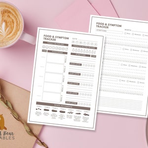 May include: A printable food and symptom tracker with sections for recording meals, water intake, pain levels, and bowel movements. The tracker is designed to help people identify potential food sensitivities or triggers.
