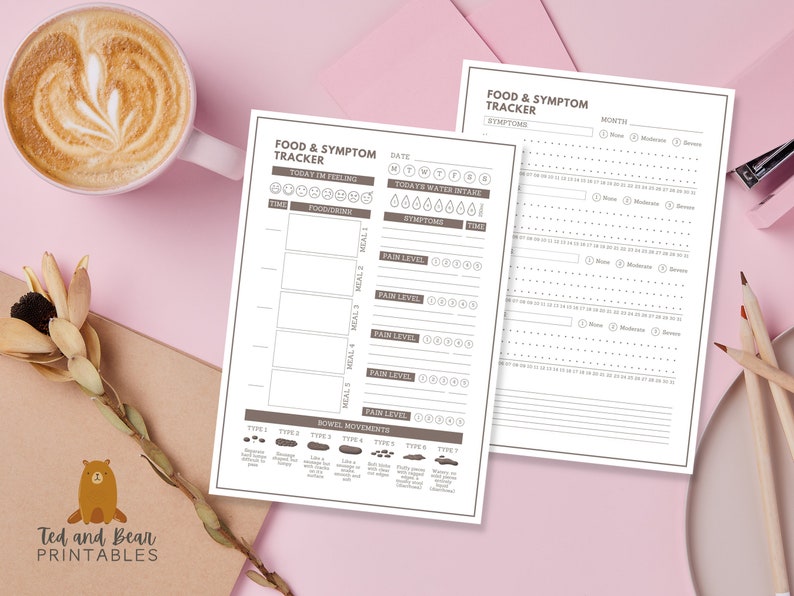 May include: A printable food and symptom tracker with sections for recording meals, water intake, pain levels, and bowel movements. The tracker is designed to help people identify potential food sensitivities or triggers.