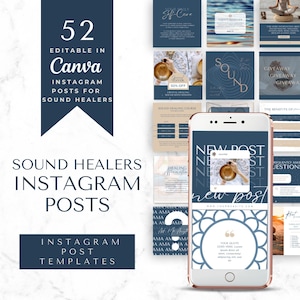 Puede incluir: Un conjunto de 52 plantillas de publicaciones de Instagram personalizables para sanadores de sonido. Las plantillas presentan una combinación de colores azul y blanco con una variedad de diseños, que incluyen un cuenco de sonido, una burbuja de cita y un signo de interrogación. El texto "NUEVA PUBLICACIÓN" se muestra en la pantalla de un teléfono.