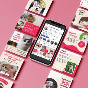 May include: A collection of social media posts for a veterinary clinic. The posts feature images of dogs and cats, and include text about the clinic's services, such as nutrition, surgery, and training. The posts also include a special offer for 25% off.