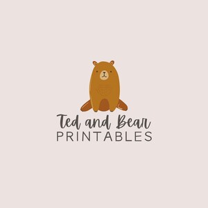 May include: A brown cartoon bear with a friendly expression sits with its legs crossed. The text "Ted and Bear PRINTABLES" is below the bear.