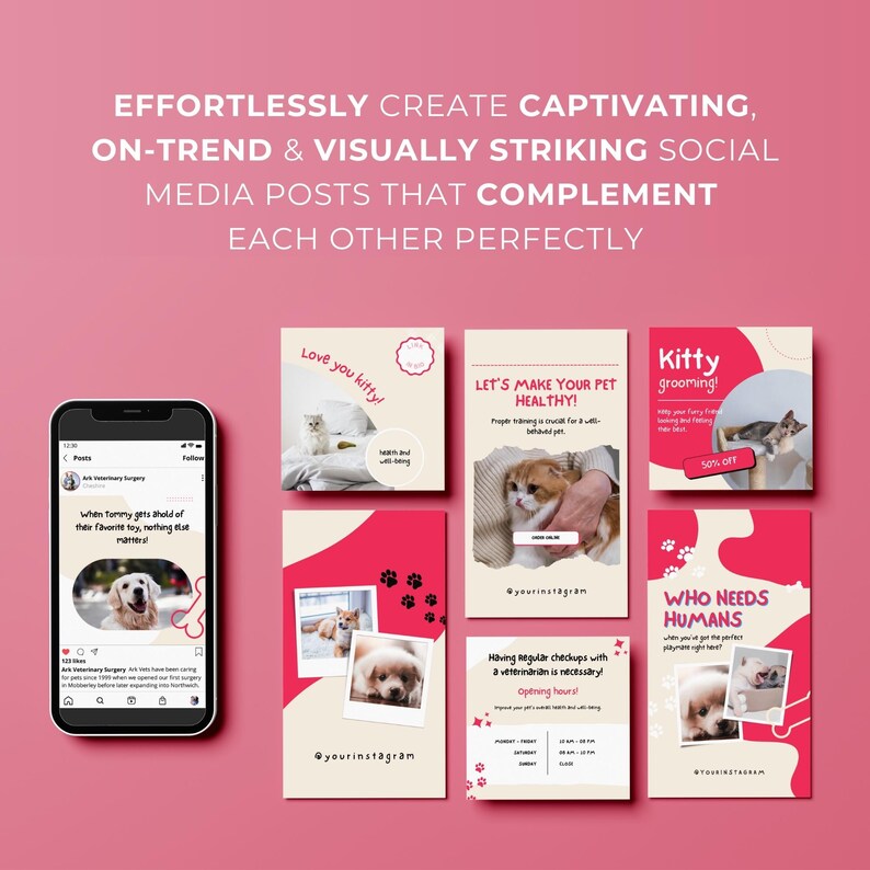 May include: A collage of six Instagram posts promoting pet care services. The posts feature images of cats and dogs, with text that includes "Love you kitty!" "Let's make your pet healthy!" "Kitty grooming!" "Having regular checkups with a veterinarian is necessary!" and "Who needs humans?"