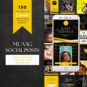 Black Friday Makeup Artist Social Media Bundle INSTANT DOWNLOAD Instagram Editable Canva Templates | Marketing Template Yellow