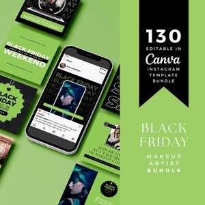 Black Friday Makeup Artist Social Media Bundle INSTANT DOWNLOAD Instagram Editable Canva Templates | Marketing Template Green