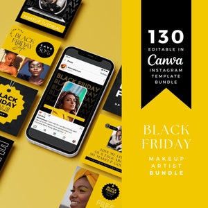 Black Friday Makeup Artist Social Media Bundle INSTANT DOWNLOAD Instagram Editable Canva Templates | Marketing Template Yellow