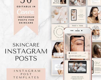 Skincare Instagram Post Templates: 50 Editable Canva Designs (Digital Download)