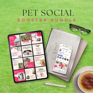 May include: A digital tablet displaying a grid of 12 pink and white social media posts featuring images of dogs and cats. The posts include text such as "Kitty grooming", "Supportive bed", "Nutrition", and "Regular Exercise!" The tablet is on a green grassy surface with a notebook, a pen, a cup of coffee, and a pair of glasses.