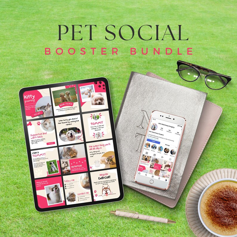 May include: A digital tablet displaying a grid of 12 pink and white social media posts featuring images of dogs and cats. The posts include text such as "Kitty grooming", "Supportive bed", "Nutrition", and "Regular Exercise!" The tablet is on a green grassy surface with a notebook, a pen, a cup of coffee, and a pair of glasses.
