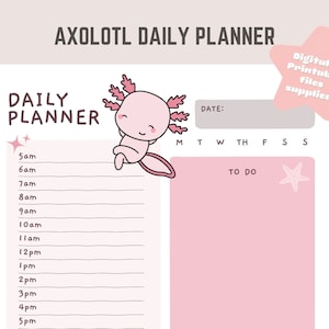 Lindo planificador mensual diario por horas / Papelería imprimible / Descarga instantánea / Ajolote / Papelería imprimible Kawaii / Tamaño carta de EE. UU.