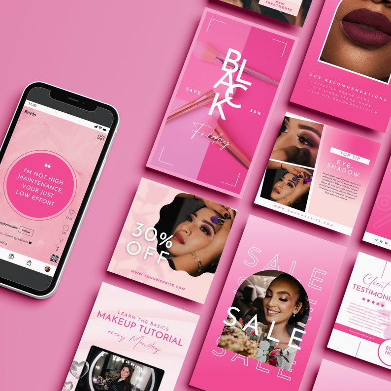 Pink Makeup Artist Instagram Template | 122 DIY Canva Posts (digital ...