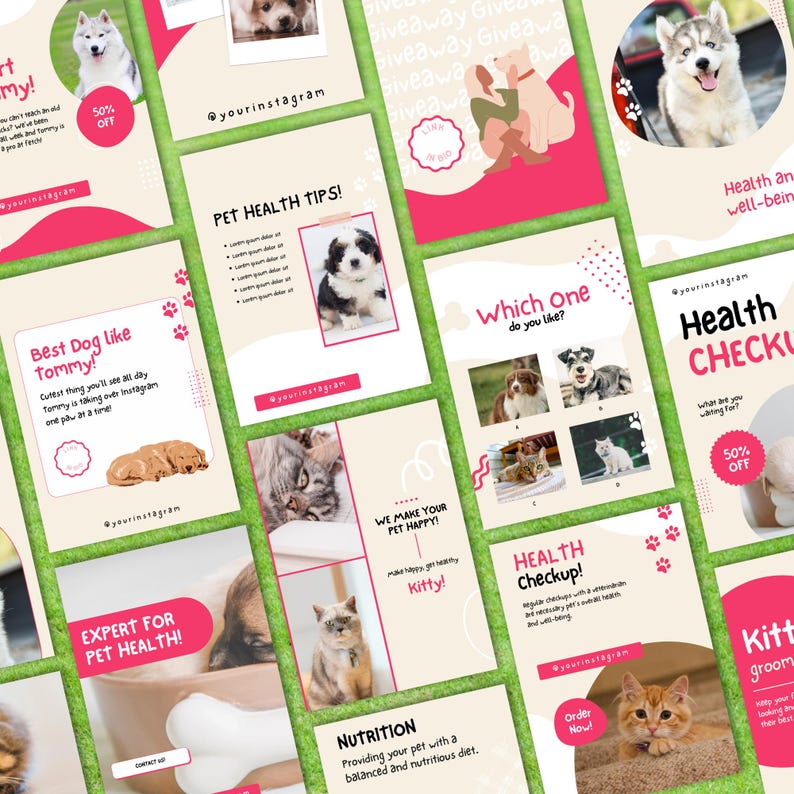 May include: A collection of social media posts promoting pet health services. The posts feature images of dogs and cats, and include text such as "Pet Health Tips!" and "Health Checkup!"