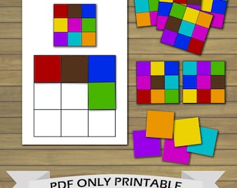 May include: A printable activity sheet with a 3x3 grid. The grid is divided into nine squares, each of which is colored in a different color. The colors are red, brown, blue, green, yellow, orange, purple, and turquoise. The sheet also includes a smaller 3x3 grid with the same colors, but in a different arrangement. The activity is to match the colors in the smaller grid to the larger grid.