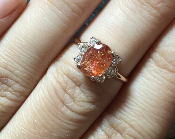 Handmade Sunstone Engagement Ring | 14k Rose gold engagement ring set with Sunstone and Diamonds | Oval Sunstone Ring