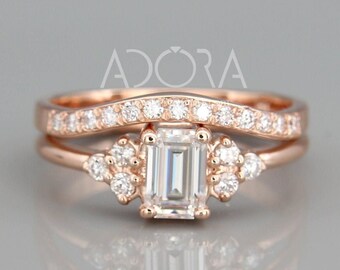 モアッサナイトとダイヤモンドをあしらったハンドメイド14Kローズゴールドの婚約指輪と結婚指輪｜チャールズ＆コルバード フォーエバーワン リング