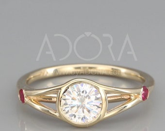 Handmade 14k Gold Floating Ruby Bridal Rings Set | 14K Gold Wedding ring with Ruby and a Moissanite Engagement Ring