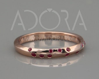 Handmade Knife Edge Wedding Ring set with Rubies | 14k Rose Gold Wedding Band | Ruby Wedding Band | Knife Edge Band