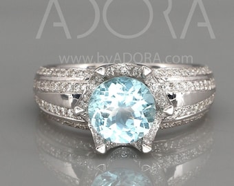 Handmade Aquamarine Engagement Ring | 14k White Gold Engagement Ring Set with 7mm or 8mm natural Aquamarine and 170 Diamonds