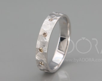 Handmade 14k White Gold Ring set with Champagne Diamonds| Handmade 14k white gold Champagne Diamonds wedding band | Unique wedding band set