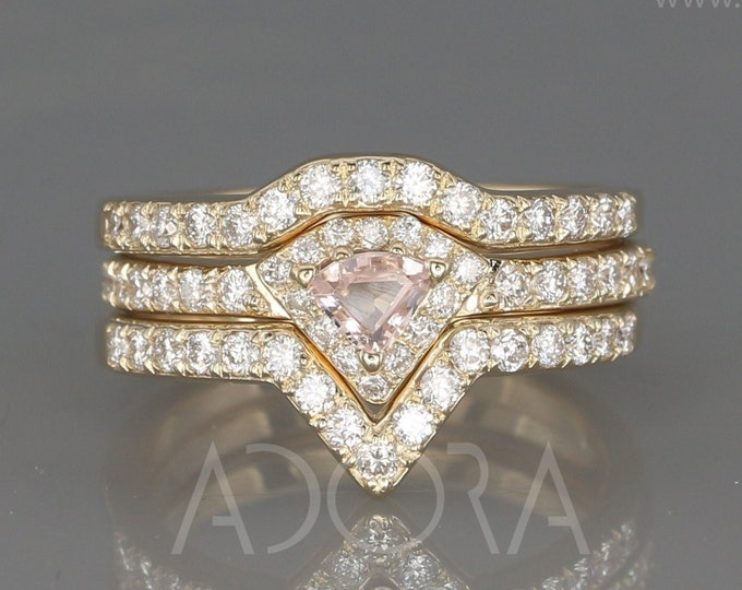 Featured listing image: Handmade Diamond Cut Morganite Engagement Bridal Rings set | 14k Gold Engagement and wedding Rings set with natural Morganite and Diamonds