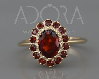Handmade 14K Solid Gold Garnet Engagement Ring |  Natural Garnet Halo Engagement ring