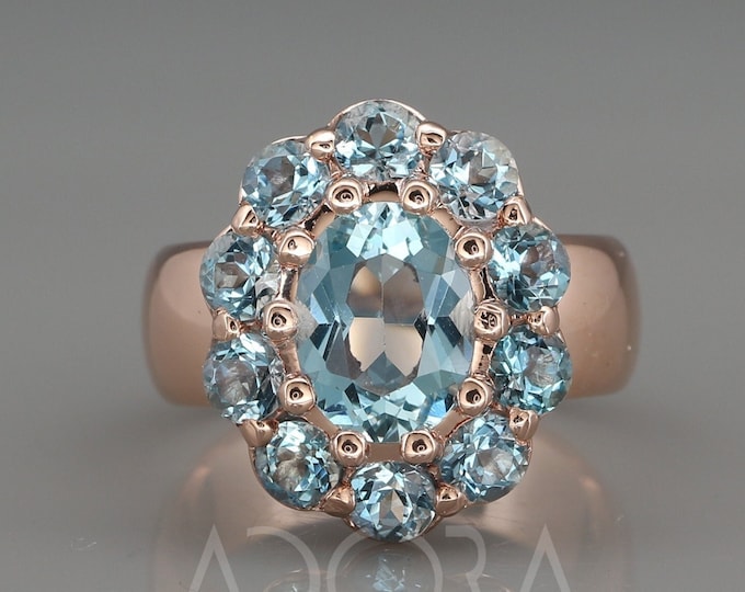 Featured listing image: Handmade 14k Rose Gold Aquamarine Halo Band | Aquamarine engagement ring | Aquamarine wedding ring | Dark Aquamarine Ring