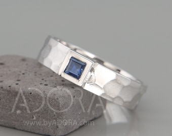 Handmade 14k White Gold Men Blue Sapphire Band | 14k white gold men wedding band set with square Blue Sapphire with "hammered" facets finish