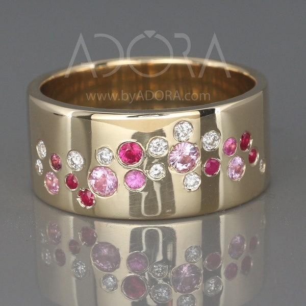 Kirschblüte 14k Gold Cluster Ring mit Diamanten Rubin und Saphir rosa | 14k Goldring inspiriert von der Kirschblüte | 10mm Ring