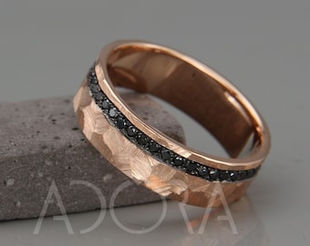 14k Rose Gold Non Traditional Wedding Band with Black Diamonds | 14k Rose Gold Black Diamonds Nontraditional Wedding Ring.