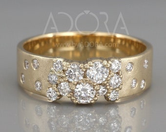 Handmade 14k Gold Multi Stone Diamonds Ring | Diamonds Cluster Ring | Wide Wedding Ring