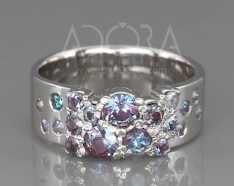 Handmade Lab Alexandrite Cluster Ring | 14k White Gold Cluster Lab Alexandrite Engagement Ring | Multi Stone Lab Alexandrite Wide Ring